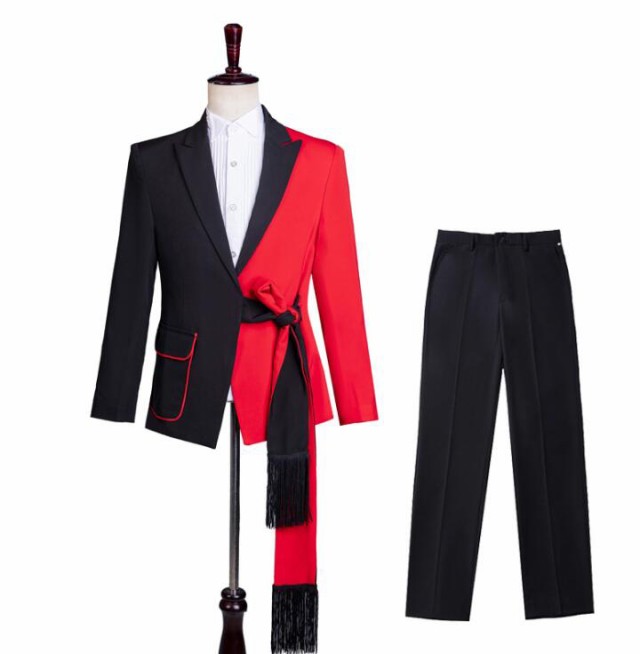 スーツ ステージ衣装 メンズ バイカラー 黒赤 スーツ セットアップ フリンジベルト 帯 おしゃれ 紳士服 礼服 ダンス衣装 舞台衣装 配色