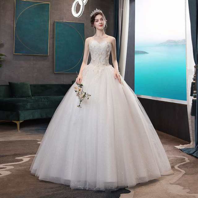 ウェディングドレス ハートカットネックビーズ 可愛い 花嫁 フランス風 ロングドレス プリンセスドレス 白色 おしゃれ お嫁さん 結婚式